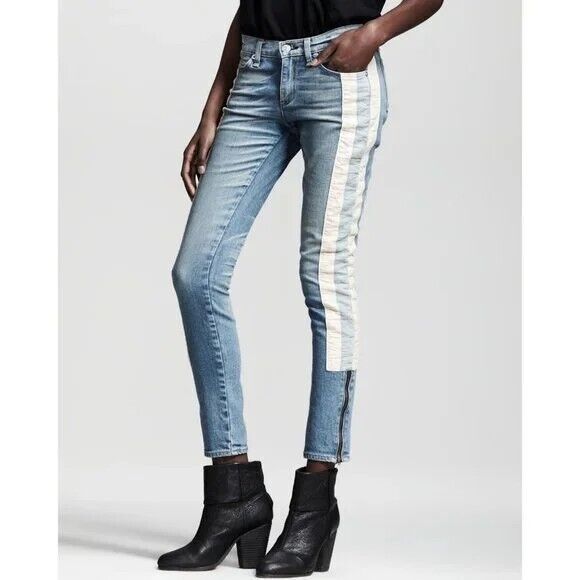Rag Bone Women's 27 Skinny Relay Racer Jeans Blue Side Striped Ankle Zip - Picture 1 of 12